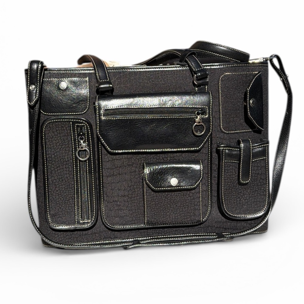 Vintage Brighton Black Leather Briefcase Laptop Bag Multi Pocket Travel Tote